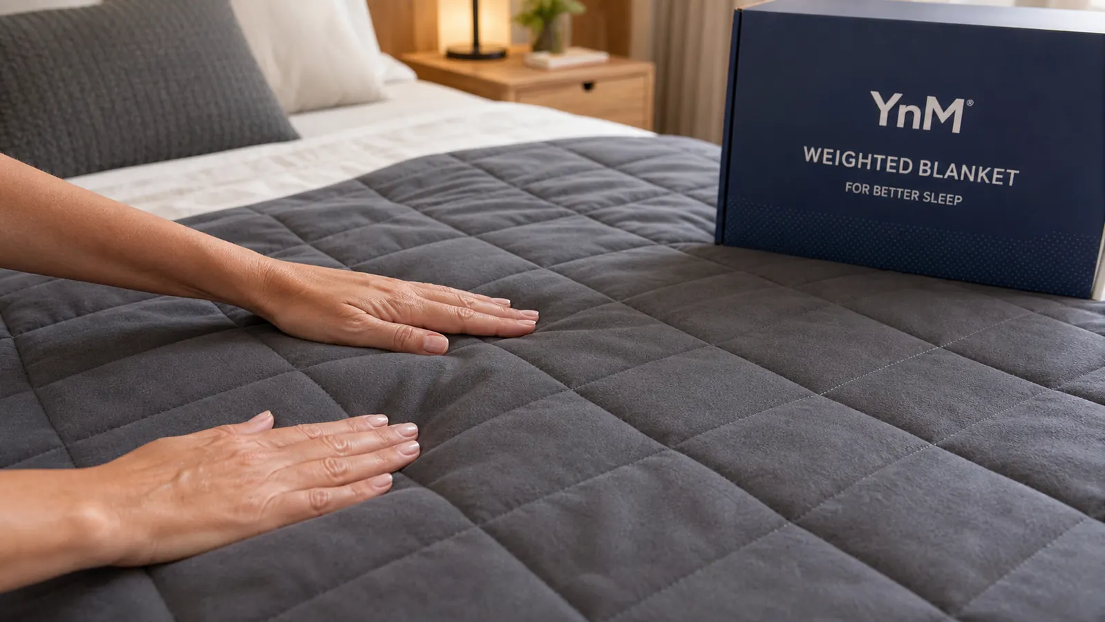 Close-up of the YnM weighted blanket's glass bead fill and quilted pocket stitching on a bed