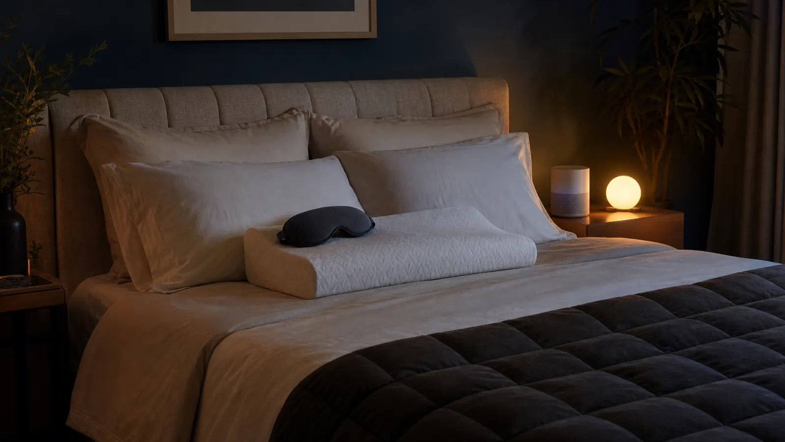 A calm bedside at night with a contour pillow, a folded weighted blanket, a sleep mask, and a soft lamp glow