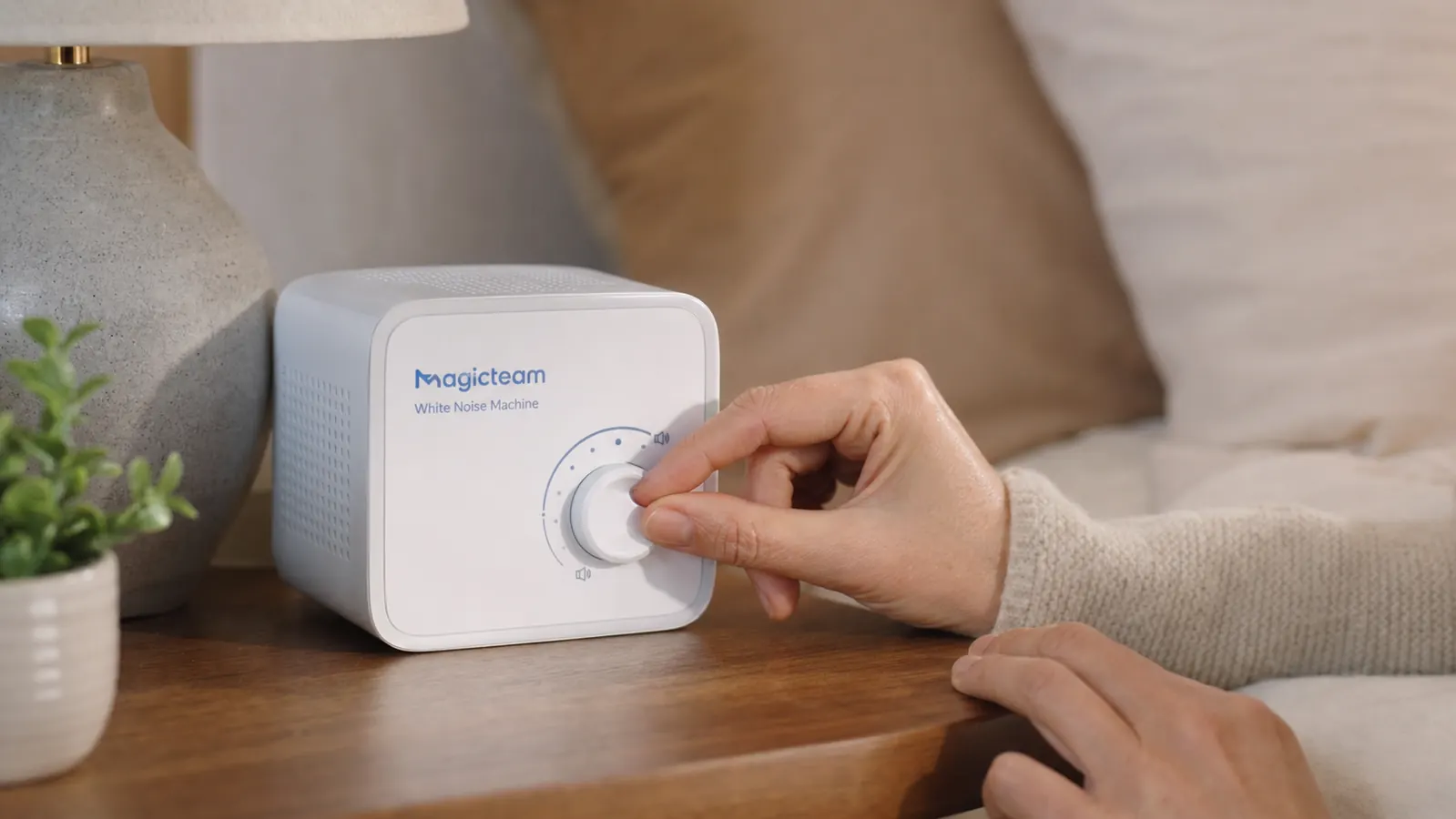 Close-up of the Magicteam white noise machine volume dial being adjusted