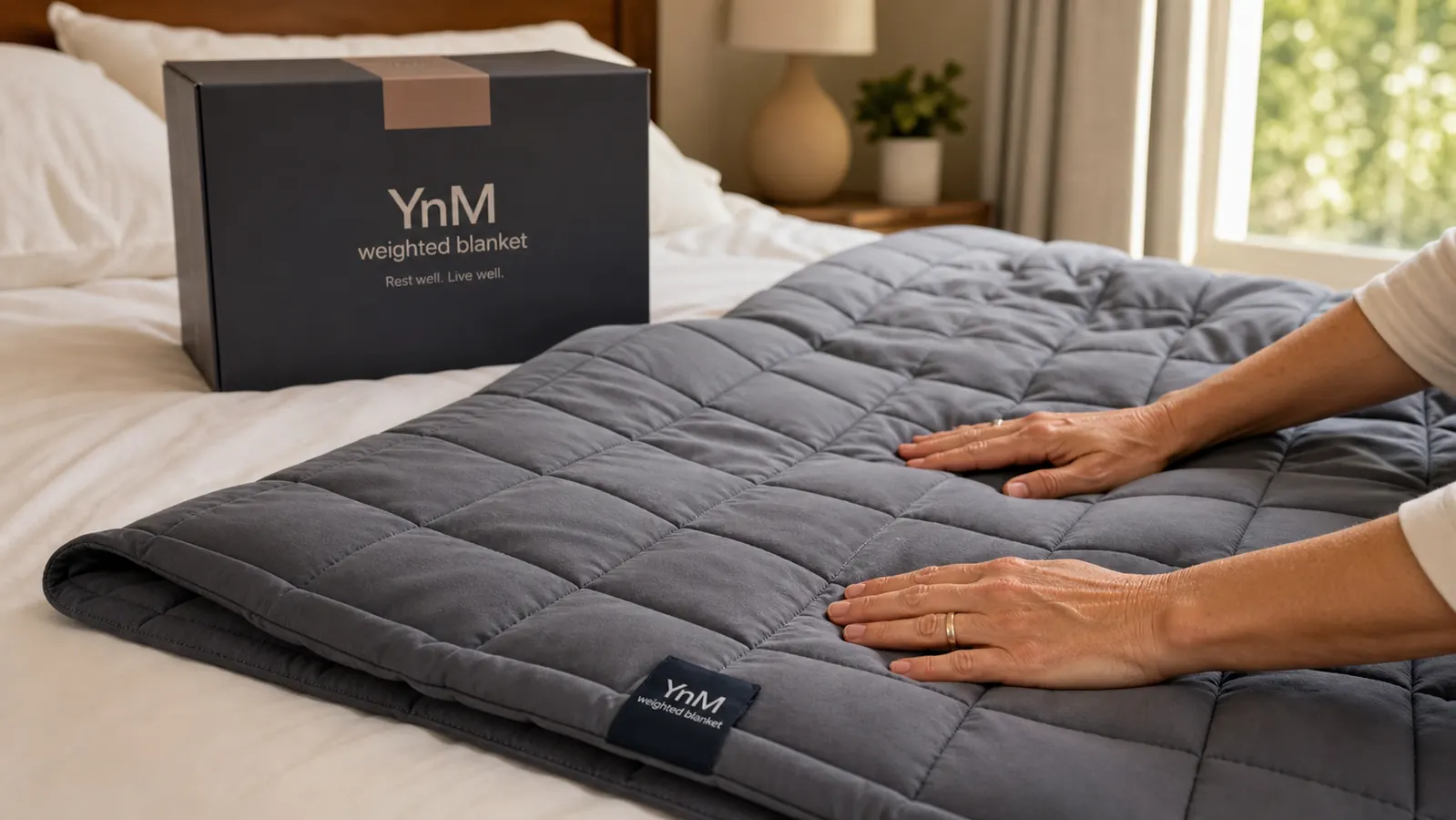 Hand placing a YnM weighted blanket flat across a bed, showing the grid stitching and glass bead fill