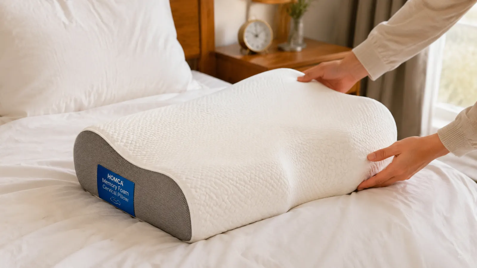 Close-up of a cervical contour pillow showing its curved shape and dual-height memory foam ridges