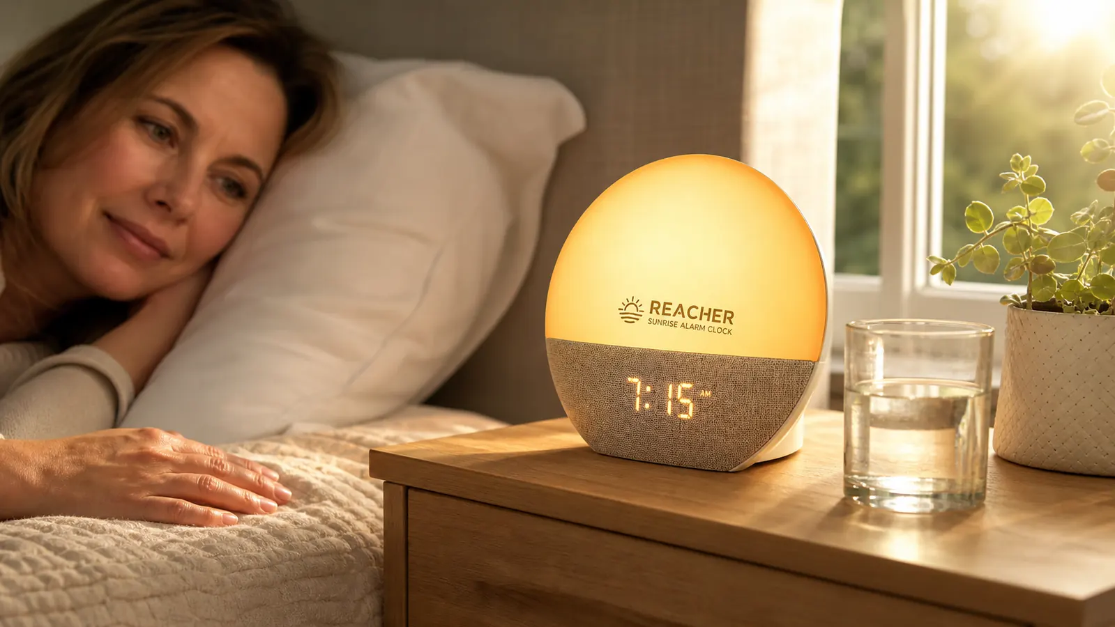 REACHER sunrise alarm clock showing its gradual warm light on a nightstand beside a glass of water