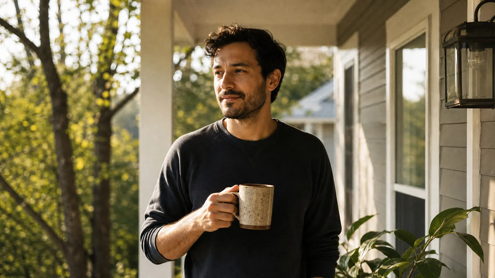 Person stepping outside in morning light, coffee mug in hand, eyes relaxed and open