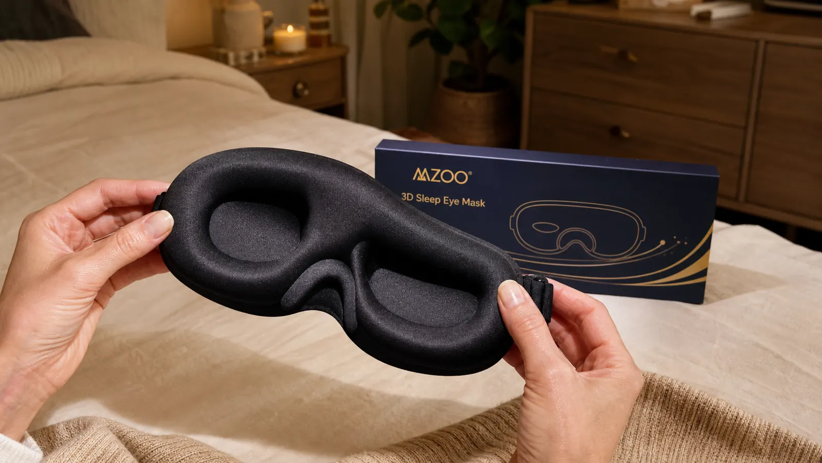 Close-up of the MZOO 3D sleep eye mask held in two hands, showing the dome-shaped eye cavities and foam padding