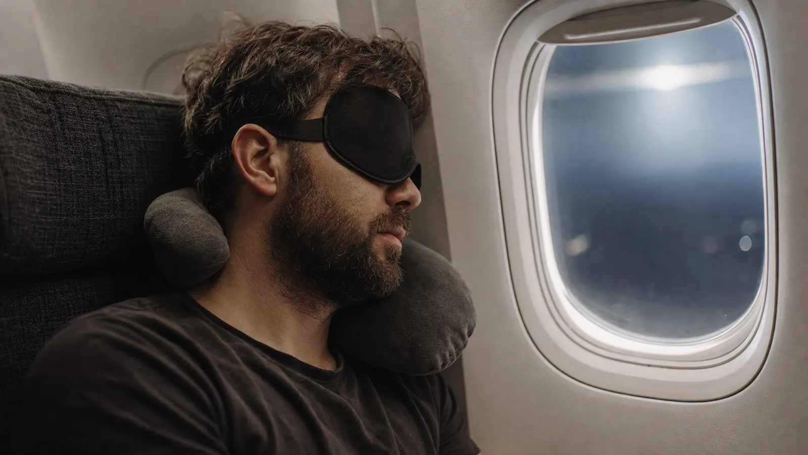 Traveler on an airplane wearing a 3D contoured sleep mask, window seat, cabin lights dimmed