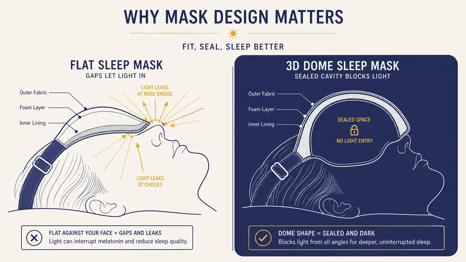 Diagram showing light-gap comparison: flat mask with light leaking in at the nose bridge versus a 3D contoured mask with a sealed nose cavity