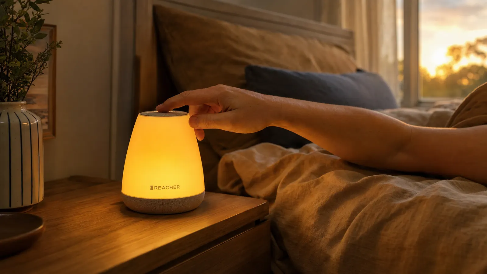 REACHER sunrise alarm clock sitting on a nightstand with gradual warm light illuminating the room