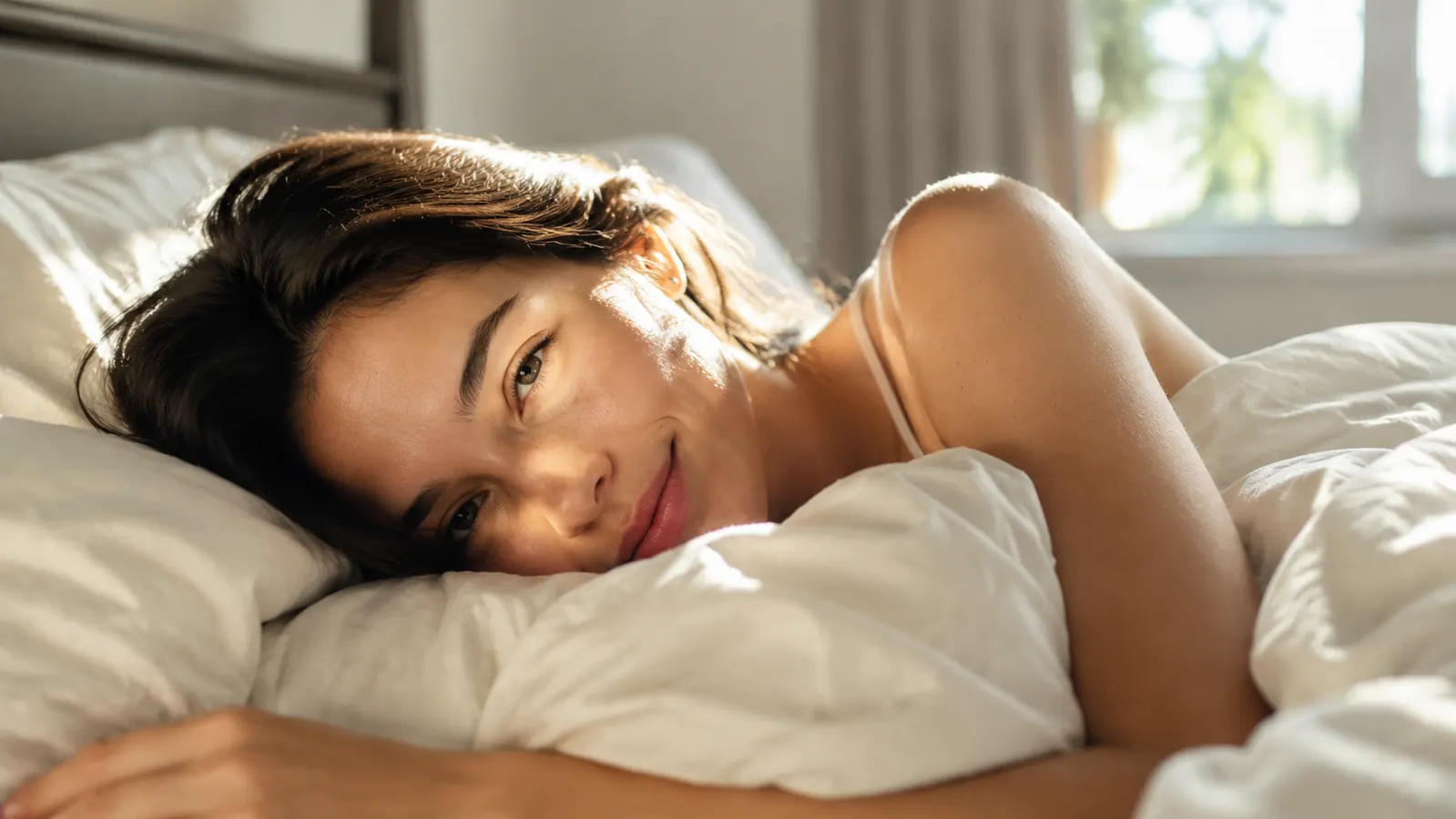 Person waking up naturally in a bright bedroom, eyes open calmly, sunlight-style warm light filling the room