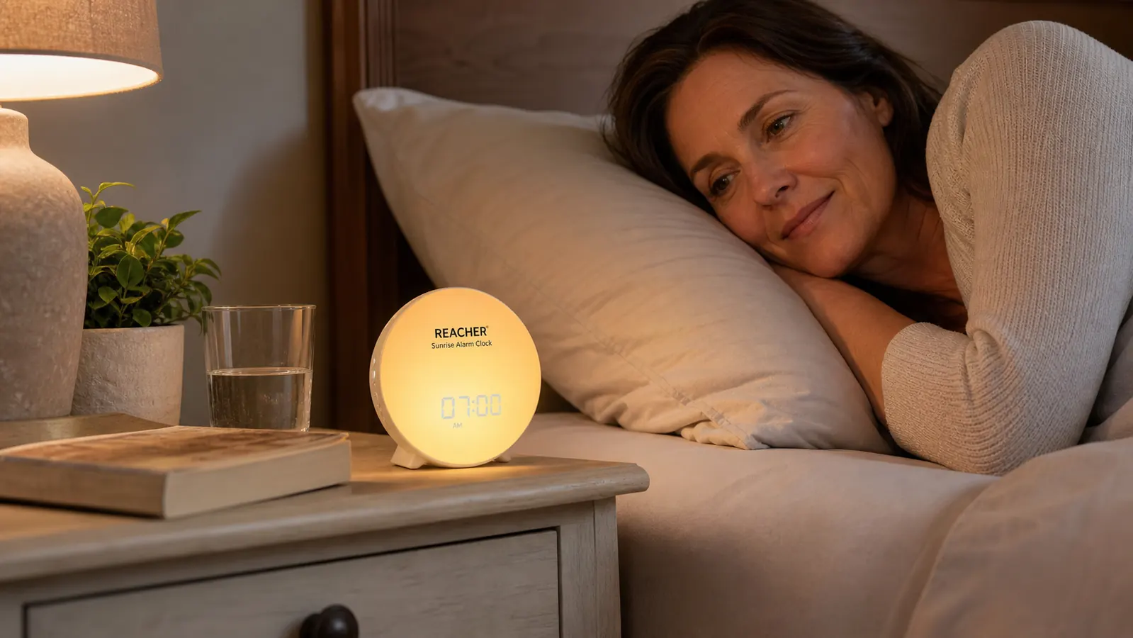REACHER sunrise alarm clock sitting on a small nightstand next to a glass of water and a book, showing its compact footprint