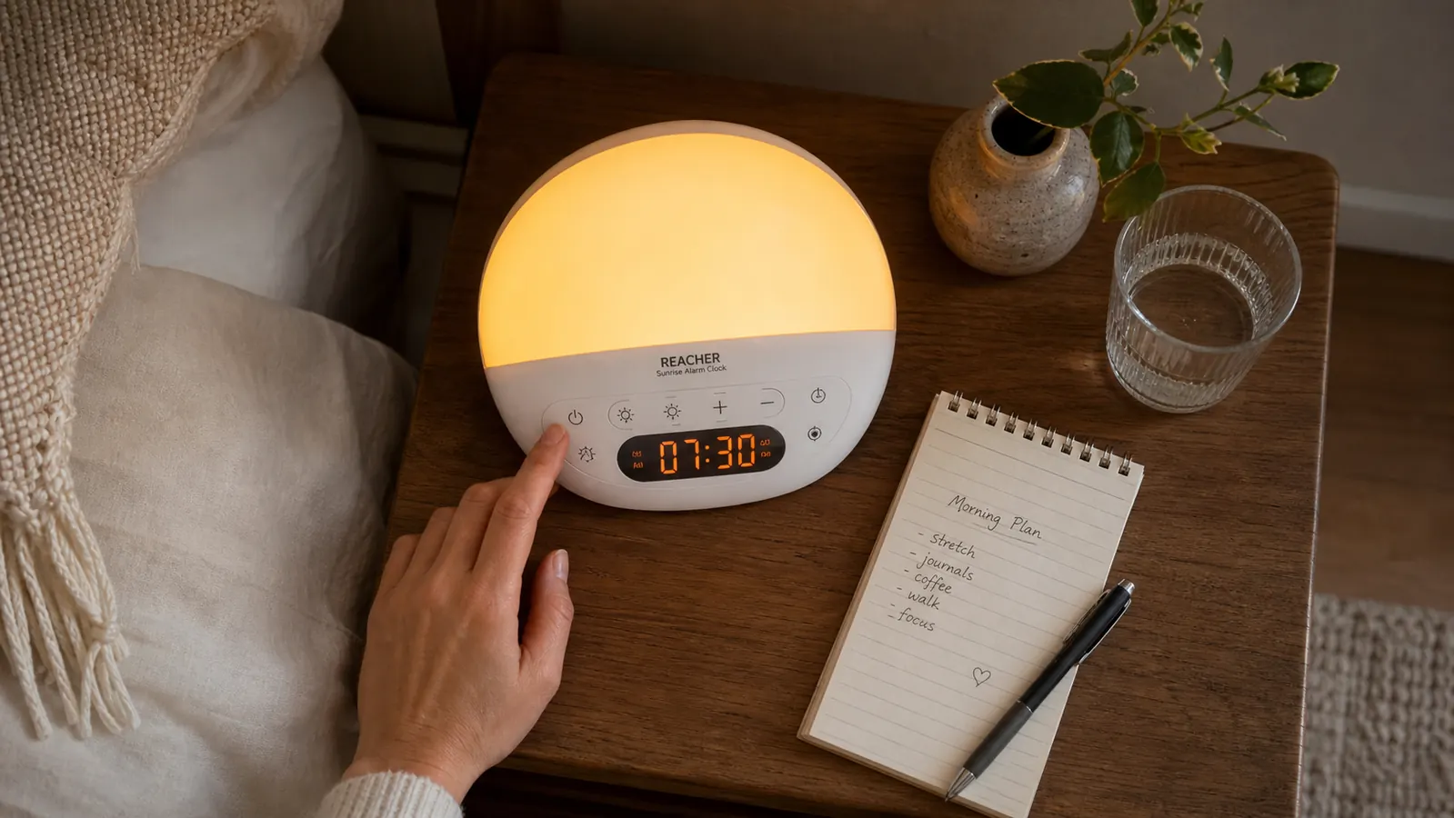 Top-down view of the REACHER alarm clock buttons and display on a nightstand with a notepad and pen beside it