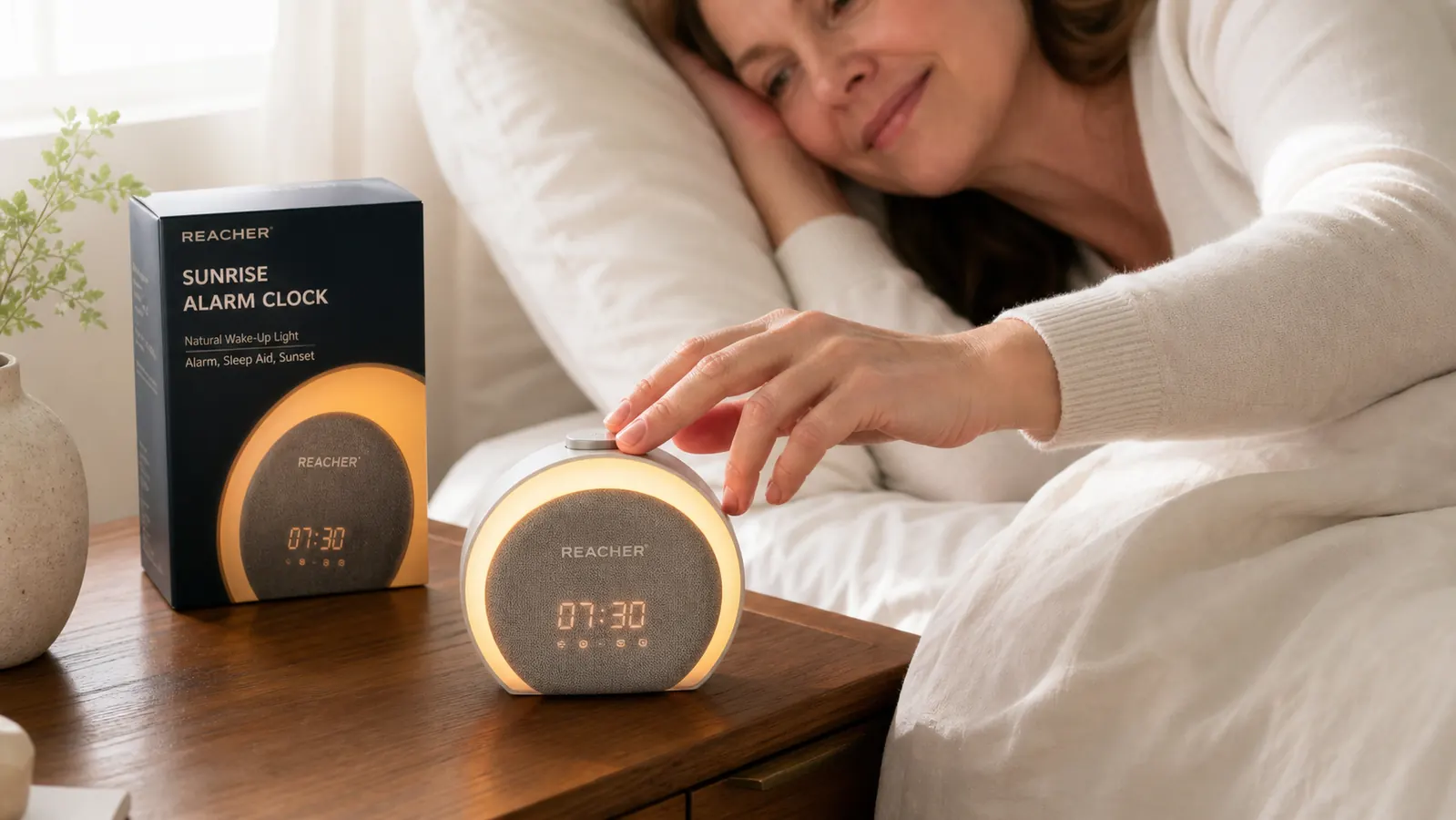 Hand reaching toward the REACHER sunrise alarm clock to adjust the light brightness setting