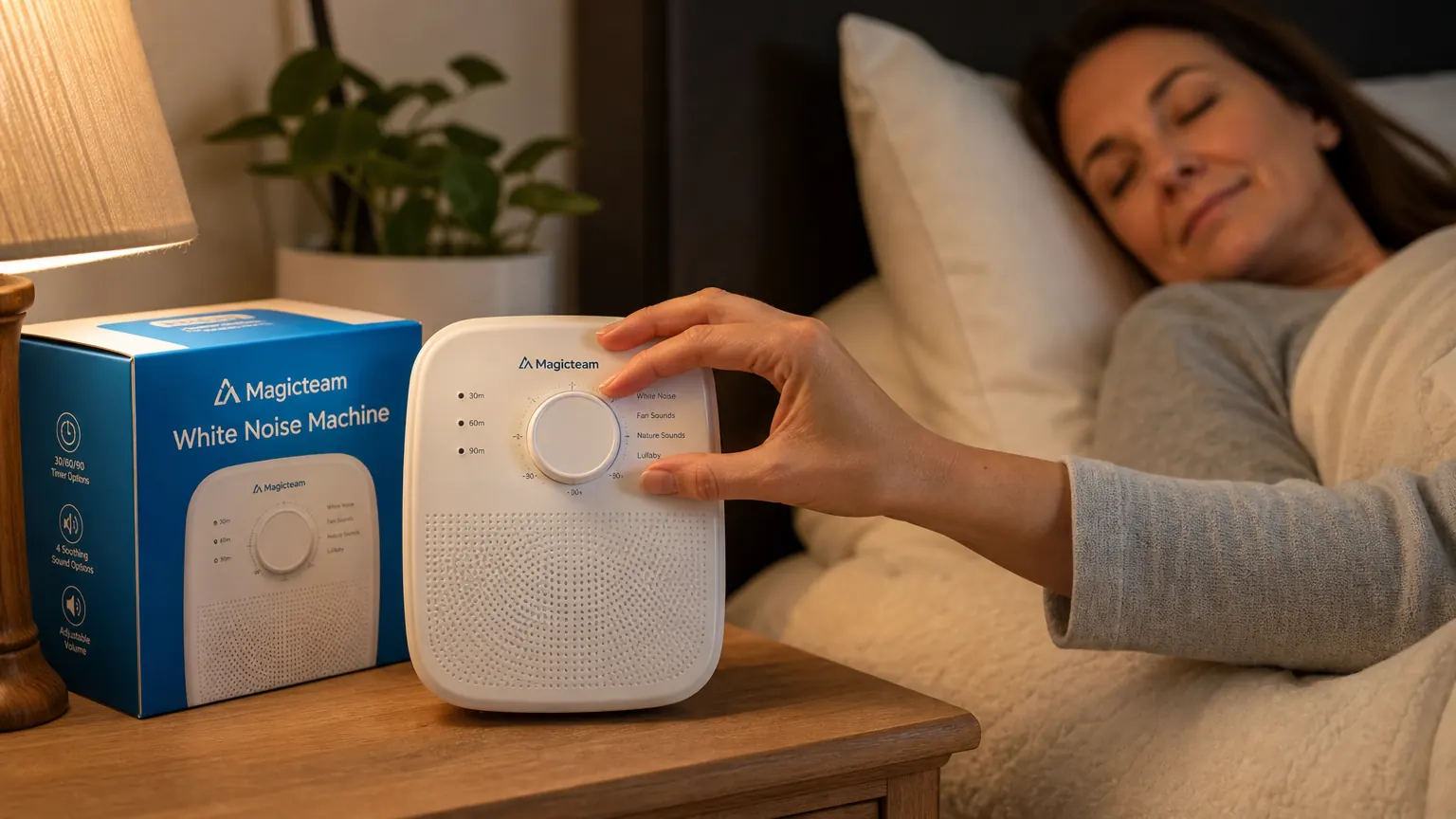Close-up of a Magicteam white noise machine on a nightstand, volume dial visible, soft amber nightstand lamp in background