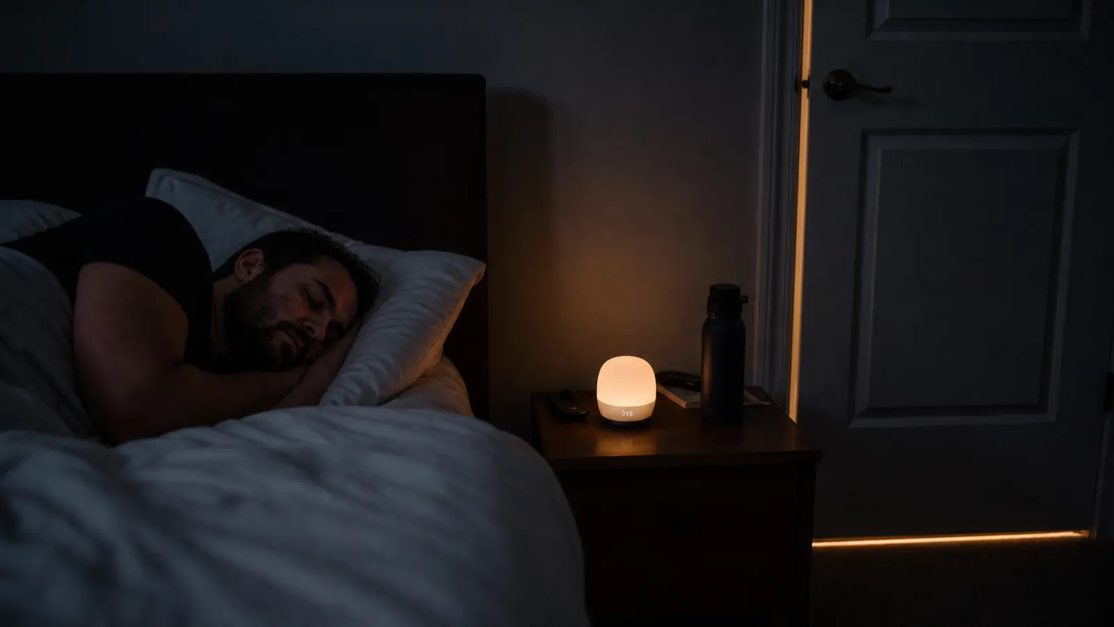 Person sleeping peacefully in a dark bedroom with a small sound machine on the nightstand