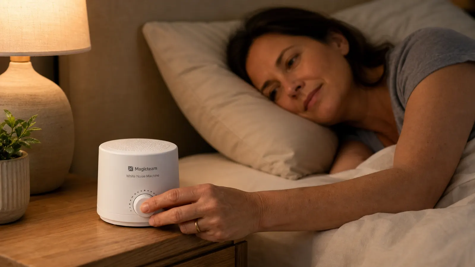 Hand reaching toward the Magicteam sound machine to adjust volume, white unit glowing softly on a dark nightstand