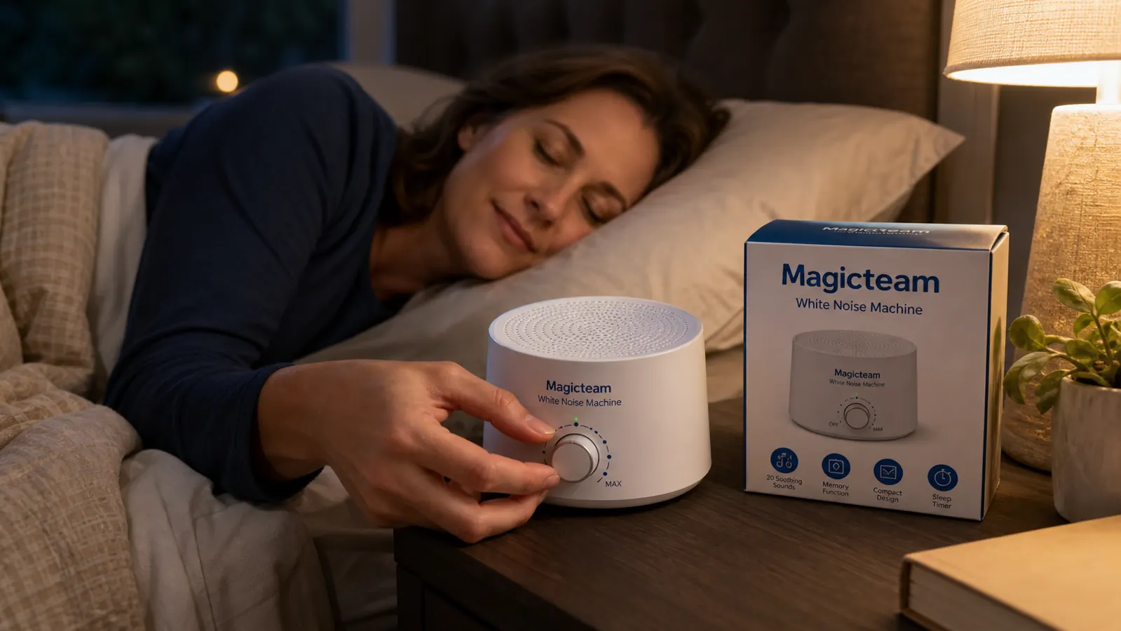 Hand adjusting the volume dial on the Magicteam white noise machine at night