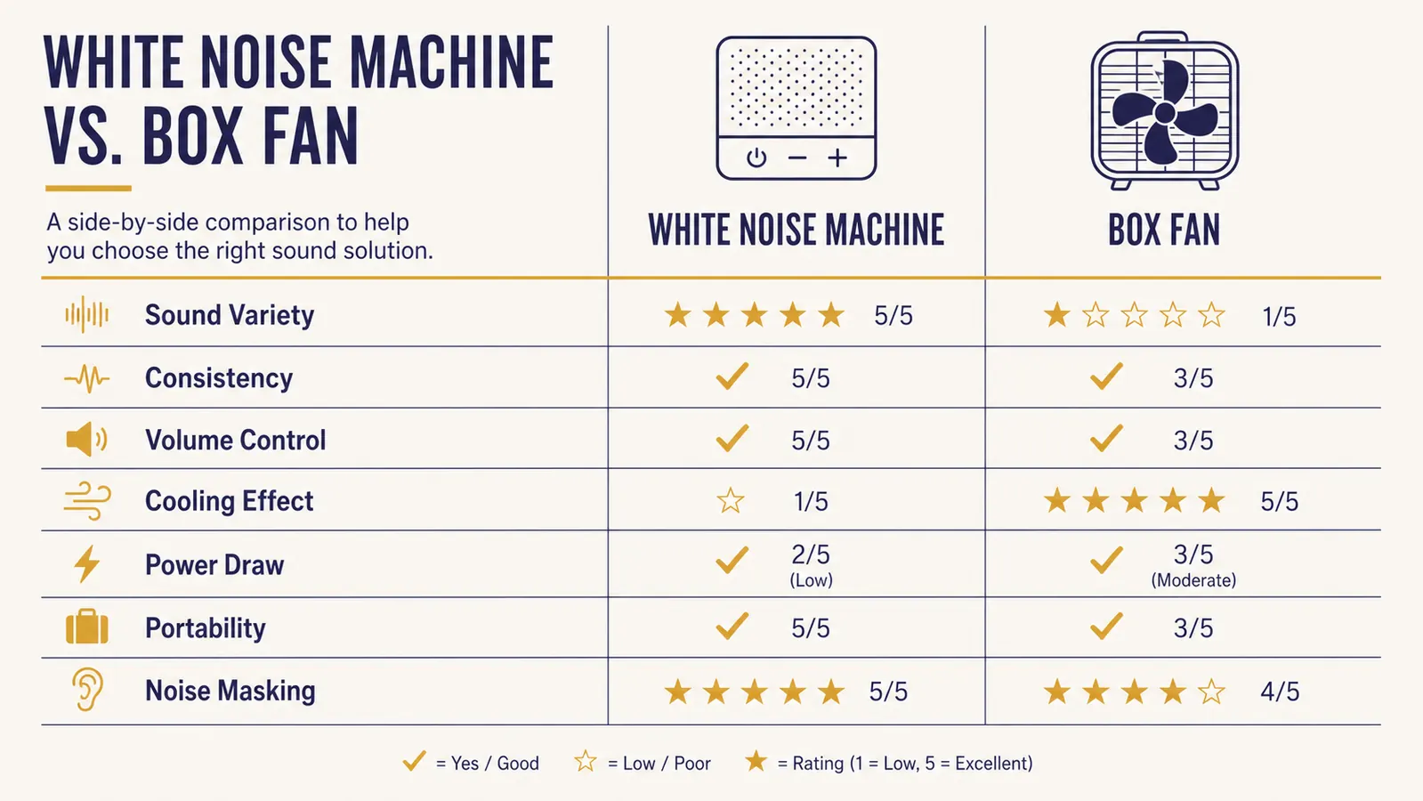 Chart comparing white noise machine vs fan across seven sleep performance criteria